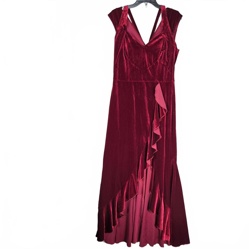 Vfshow Burgundy Red Velvet Maxi Dress Ruffle High Low Evening Gown Party Size L